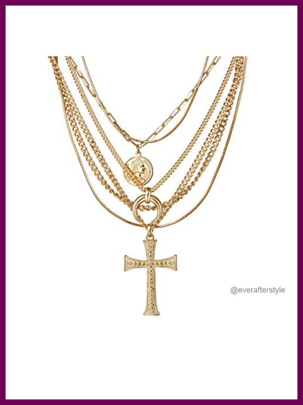 6PCS Layered Gold Plated Necklace Set for Women, 18K Gold Chunky Cross Pendant